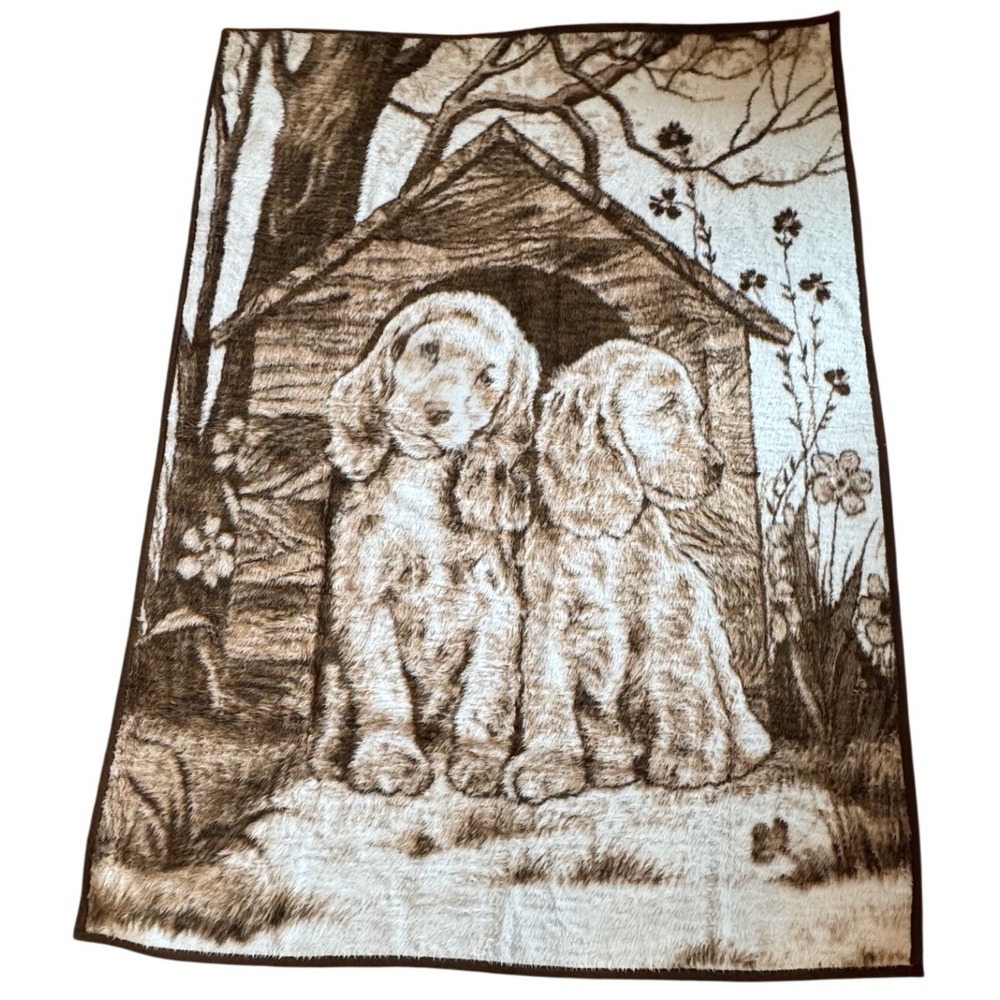 Vintage Biederlack Puppy Dog Blanket Brown Cream Cocker Spaniel Made in the USA